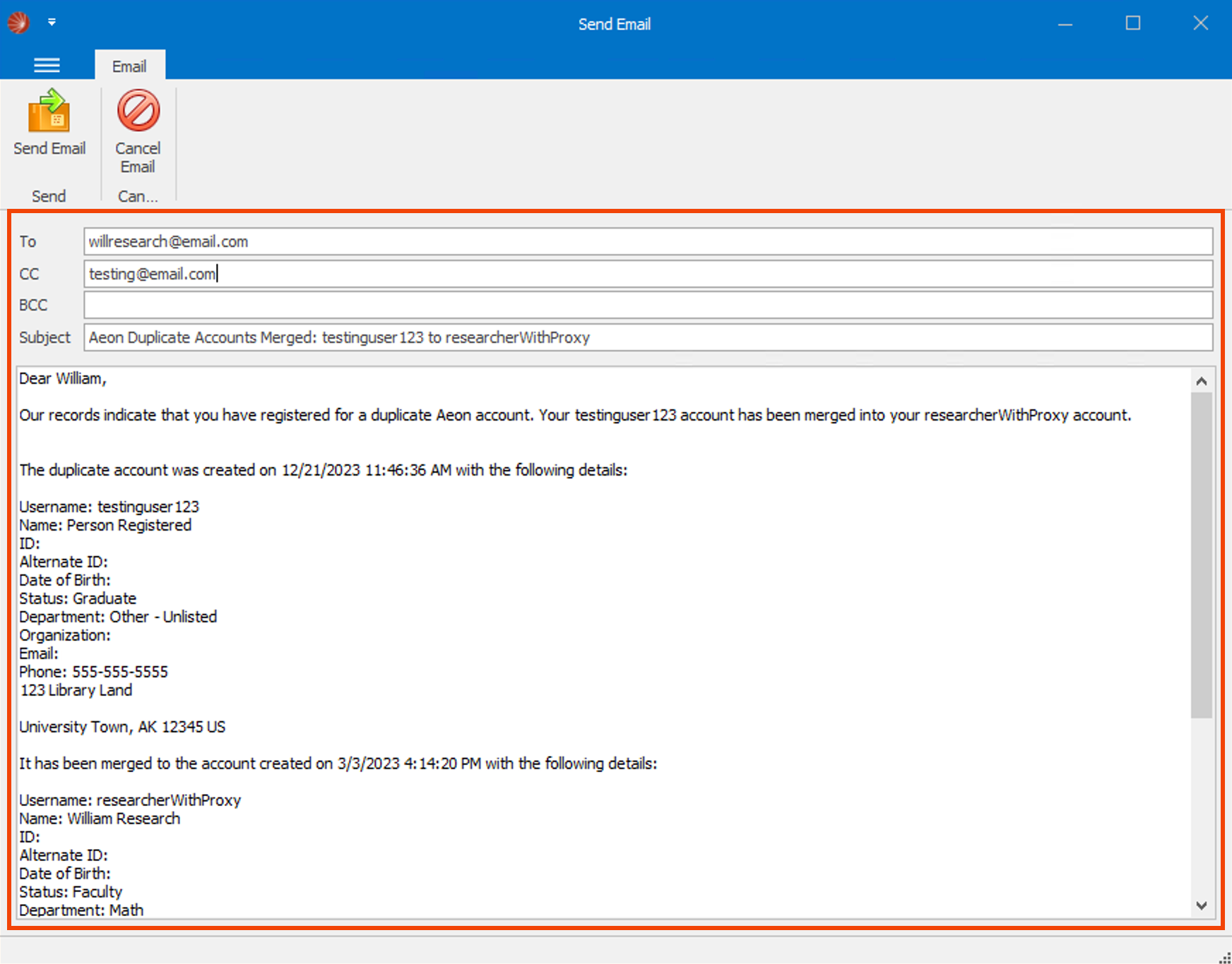 MergeUser email example in the Aeon Client